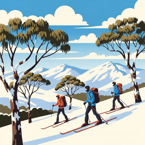 Illustration of three skiers on a snowy landscape with trees and mountains.
