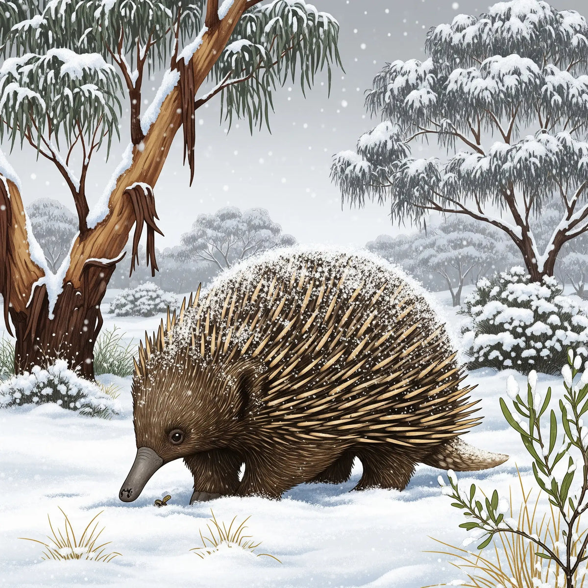 Echidna in a snowy forest with snow-covered trees and ground.