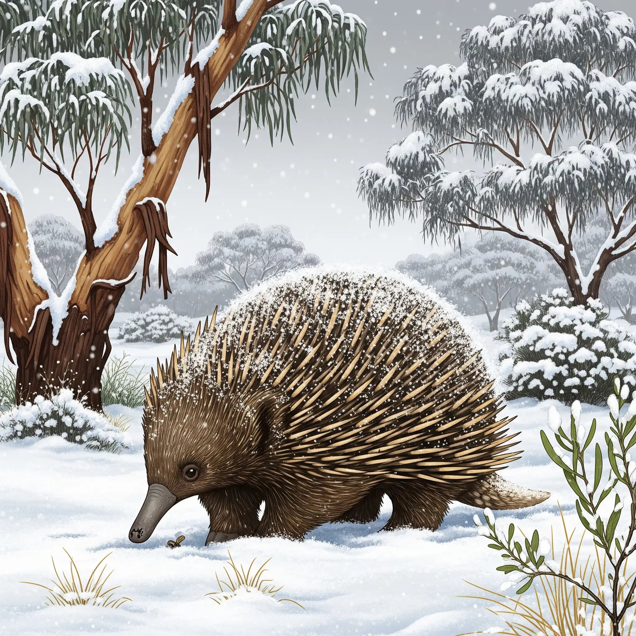 Echidna in a snowy forest with snow-covered trees and ground.