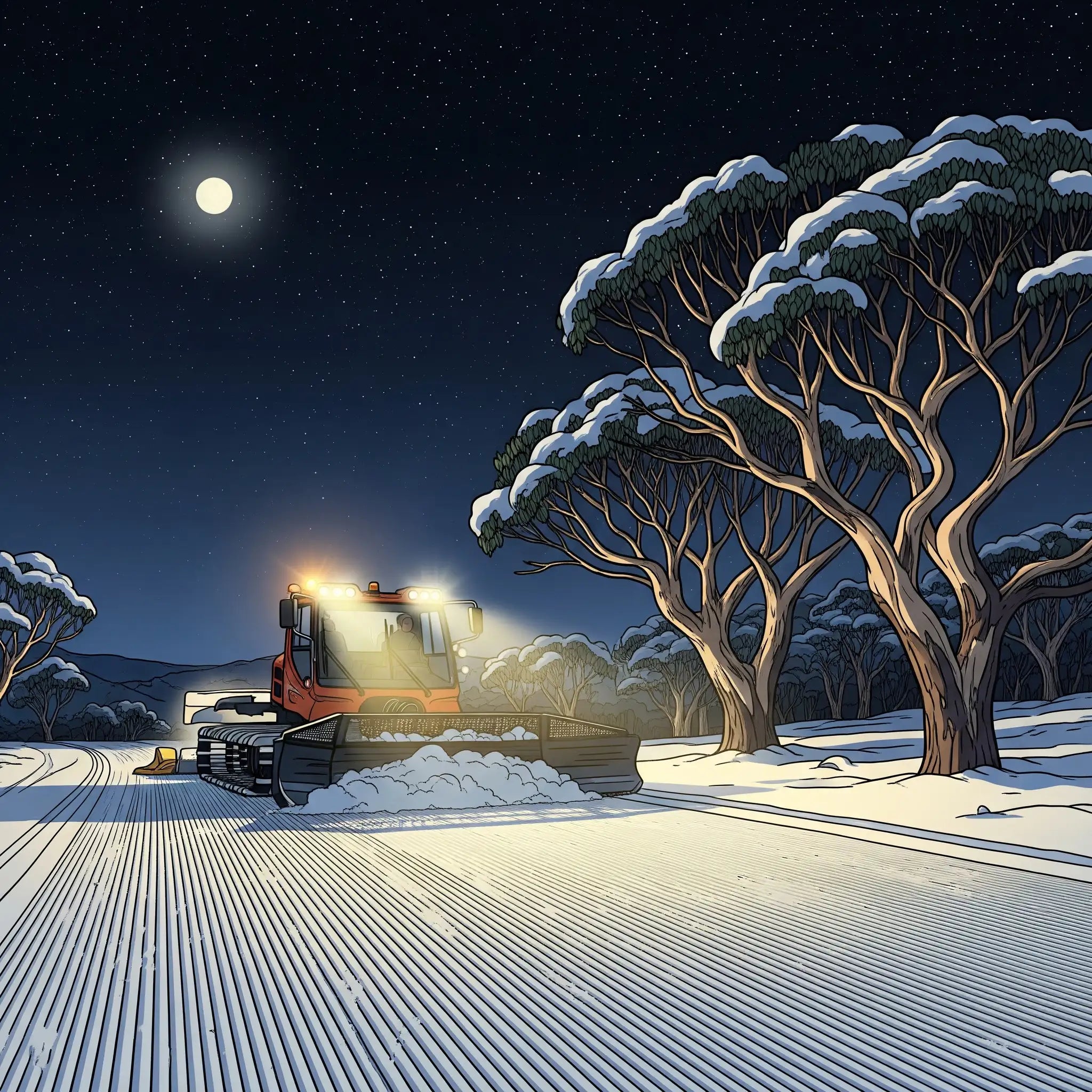 Red Snowplow clearing a ski trail at night with snow-covered trees and a full moon in the sky.