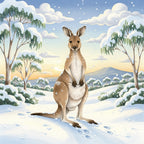 Kangaroo in a snowy landscape with trees and mountains