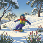 Child snowboarding down a snowy hill with trees and plants in the background