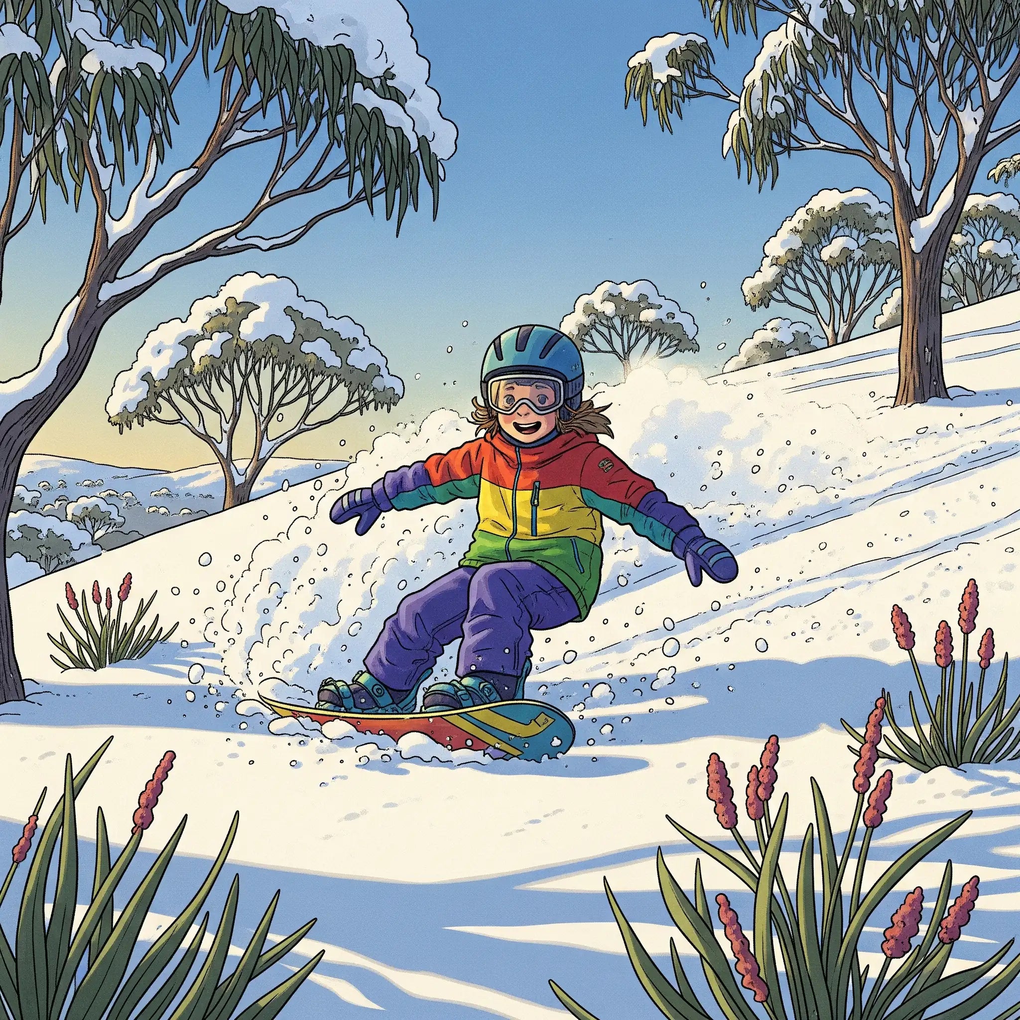 Child snowboarding down a snowy hill with trees and plants in the background