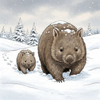 Two wombats in a snowy landscape with trees in the background
