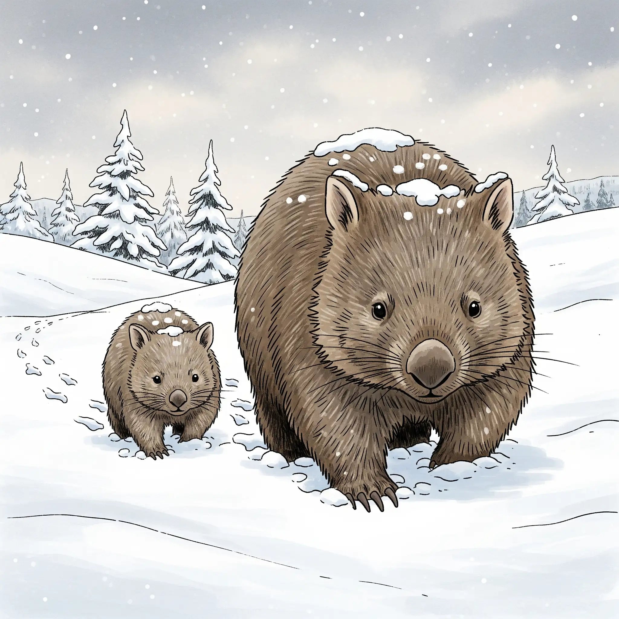 Two wombats in a snowy landscape with trees in the background