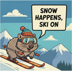 Cartoon wombat skiing with a speech bubble saying 'Snow Happens, Ski On' against a mountainous background.