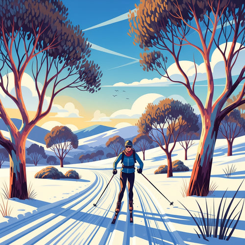 Person cross-country skiing in a snowy landscape with trees and mountains.