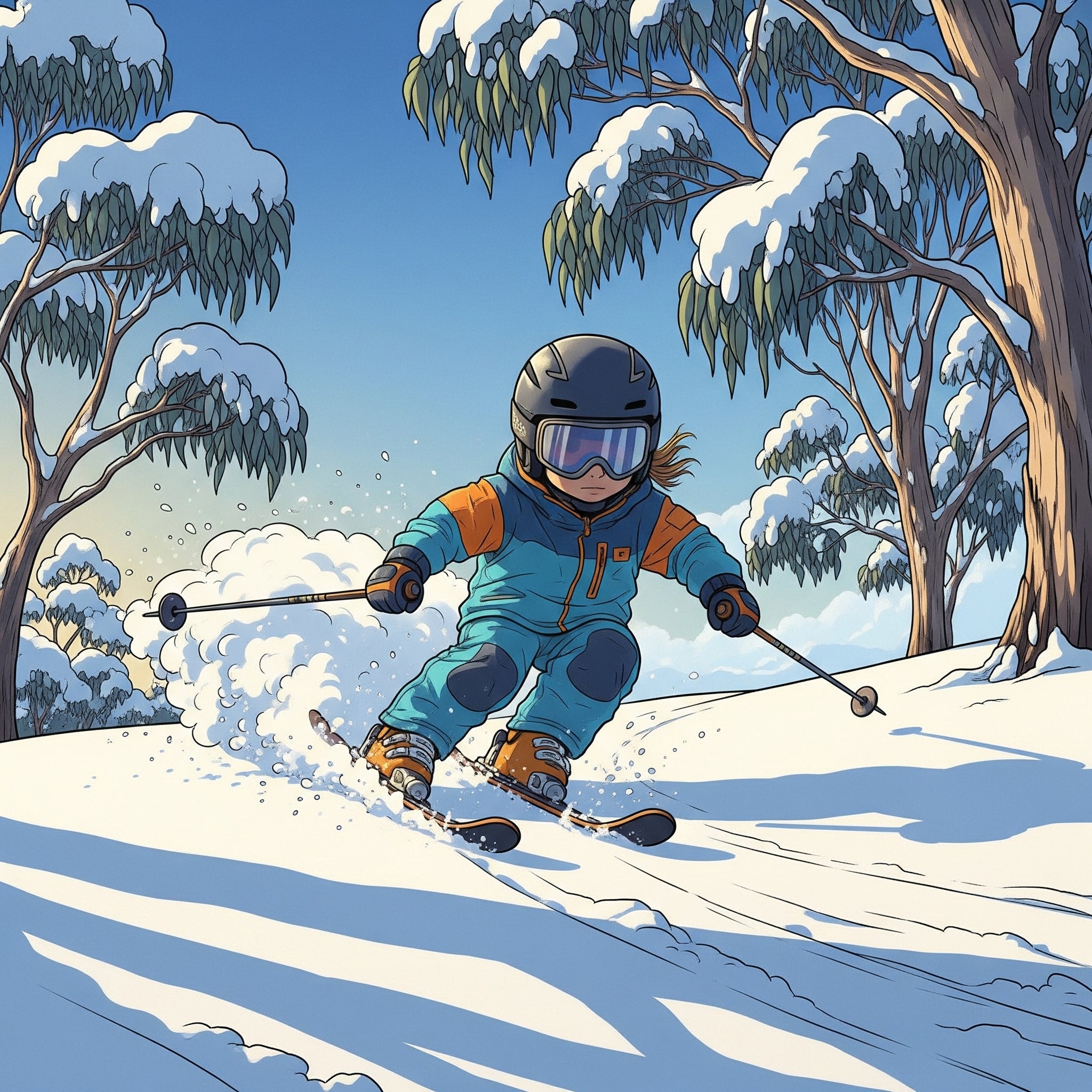 Child skiing in a snowy landscape with trees