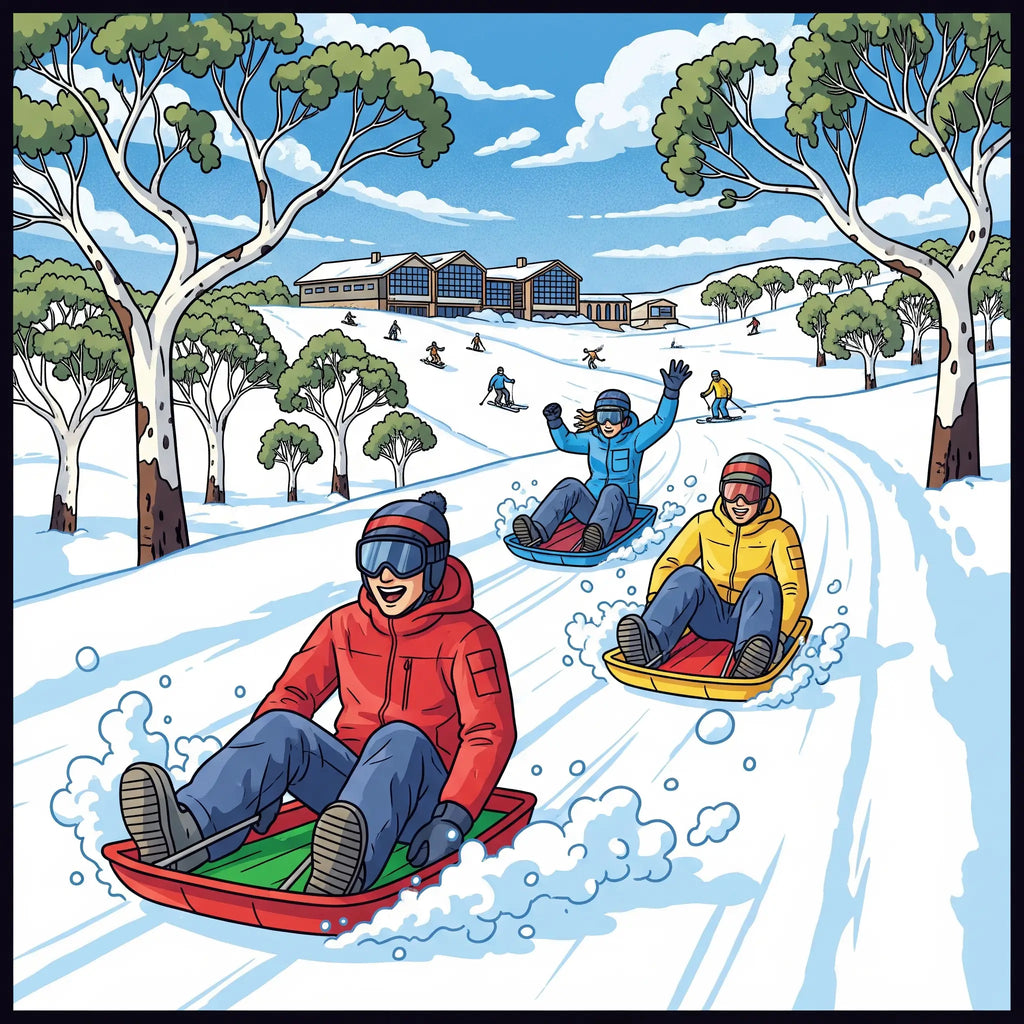 Cartoon illustration of people sledding down a snowy hill with trees and buildings in the background.
