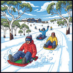Cartoon illustration of people sledding down a snowy hill with trees and buildings in the background.
