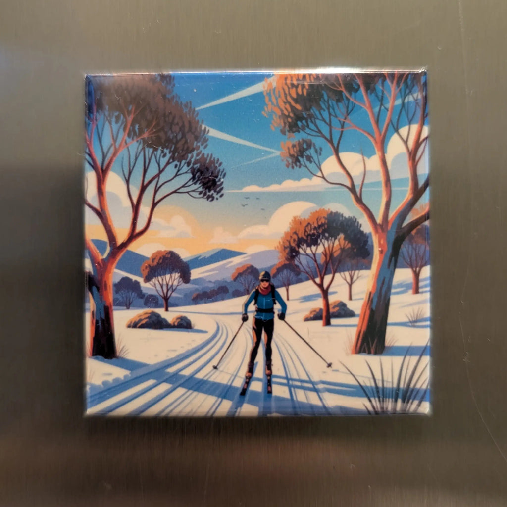 Cross Country Skiing scene with trees and mountains on a reflective surface