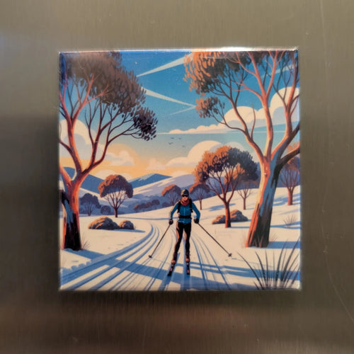 Cross Country Skiing scene with trees and mountains on a reflective surface