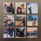 Grid of various photos including a dog, couple, mountain scene, and more on a brown background.