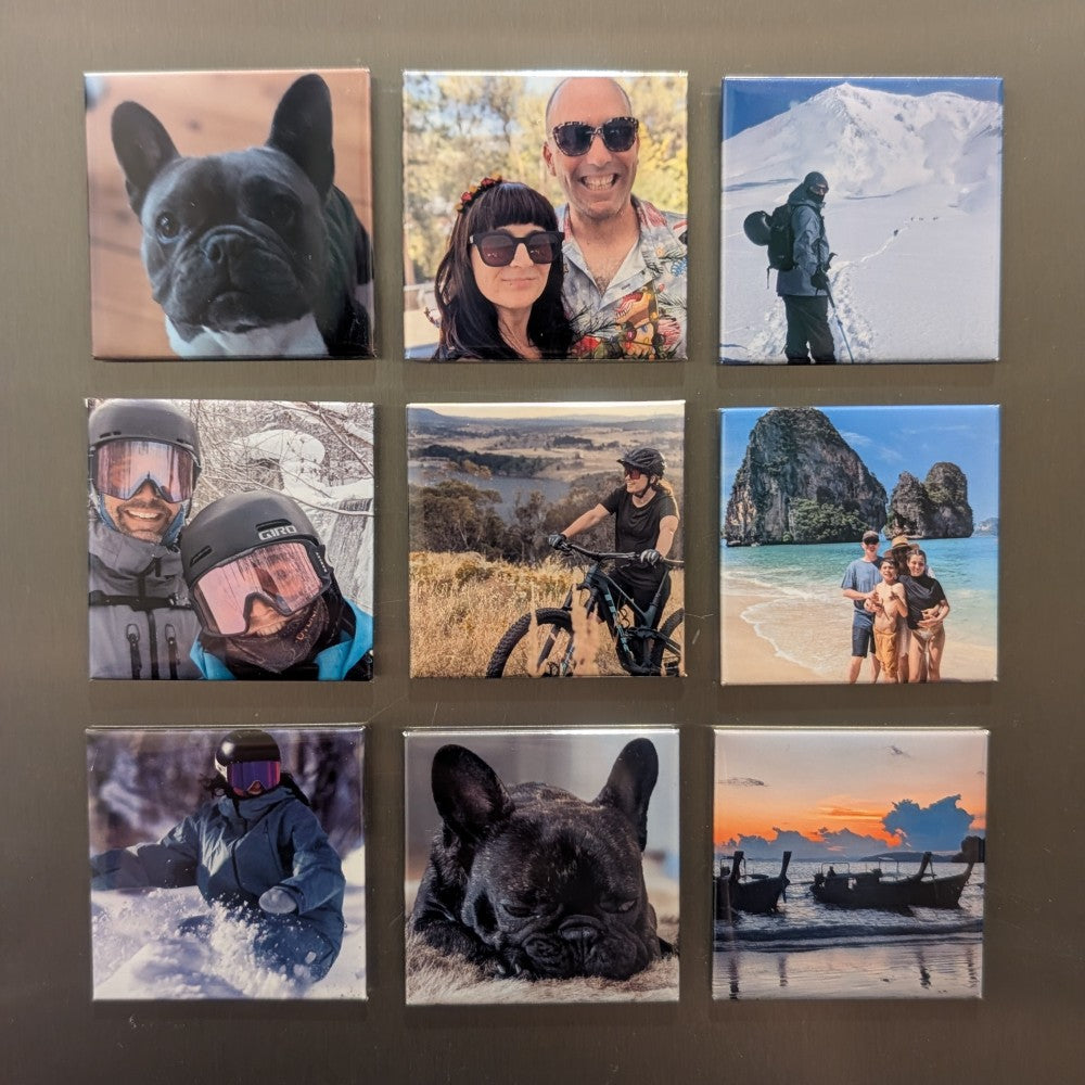 Grid of various photos including a dog, couple, mountain scene, and more on a brown background.