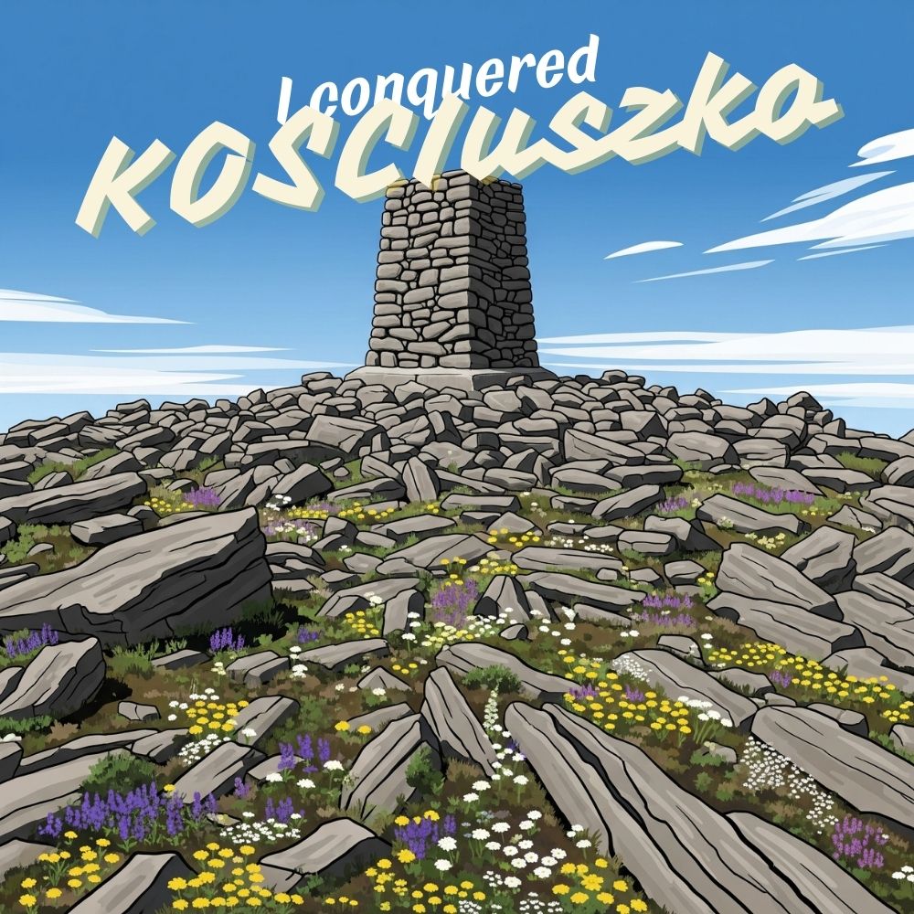 Stone monument on a rocky hill with 'I conquered Kosciuszko' text against a blue sky.