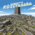 Stone monument on a rocky hill with 'I conquered Kosciuszko' text against a blue sky.