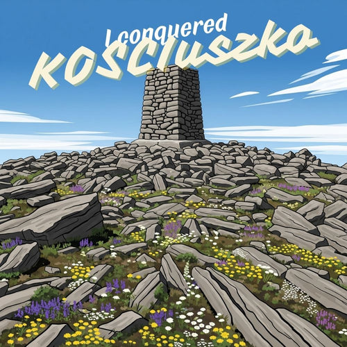 Stone monument on a rocky hill with 'I conquered Kosciuszko' text against a blue sky.