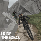 Two mountain bikers on a rocky trail with 'I Ride Thredbo' text.
