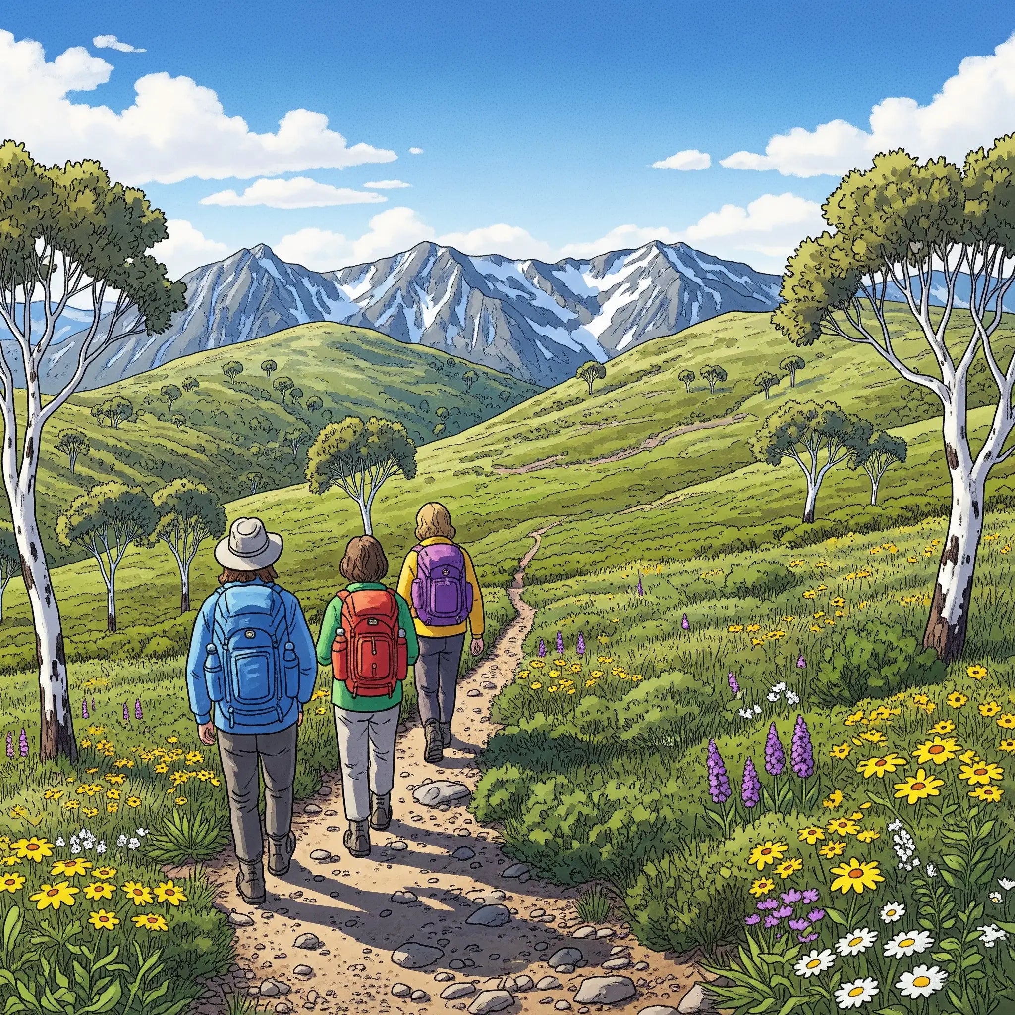 Three people hiking on a path through a scenic landscape with mountains, trees, and flowers.
