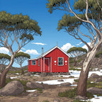 Red cabin inspired by Valentines hut in Kosciuszko National Park in a natural setting with trees and rocks