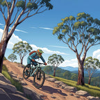 Illustration of a mountain biker on a trail with trees and mountains in the background