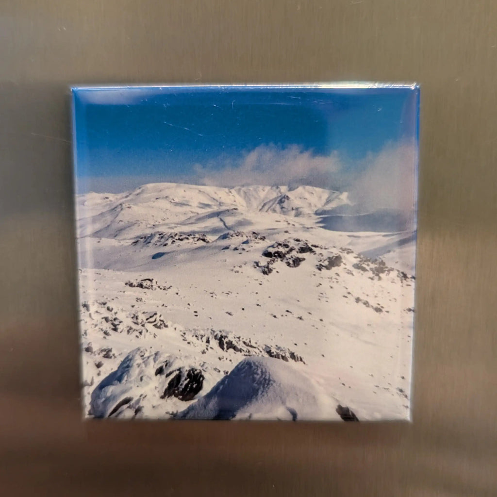 Fridge magnet with a snowy mountain landscape on a metallic surface