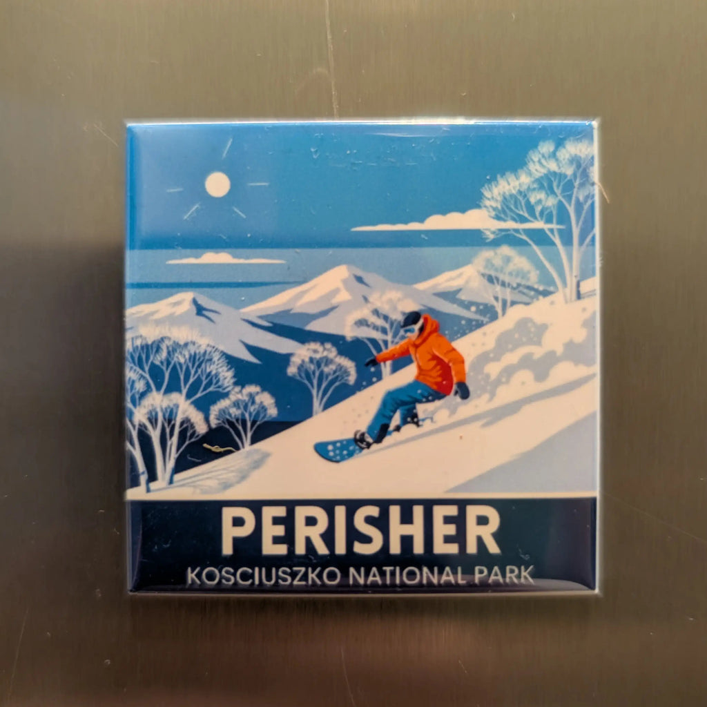 Fridge Magnet of a snowboarder in Kosciuszko National Park with 'Perisher' branding on a reflective surface.