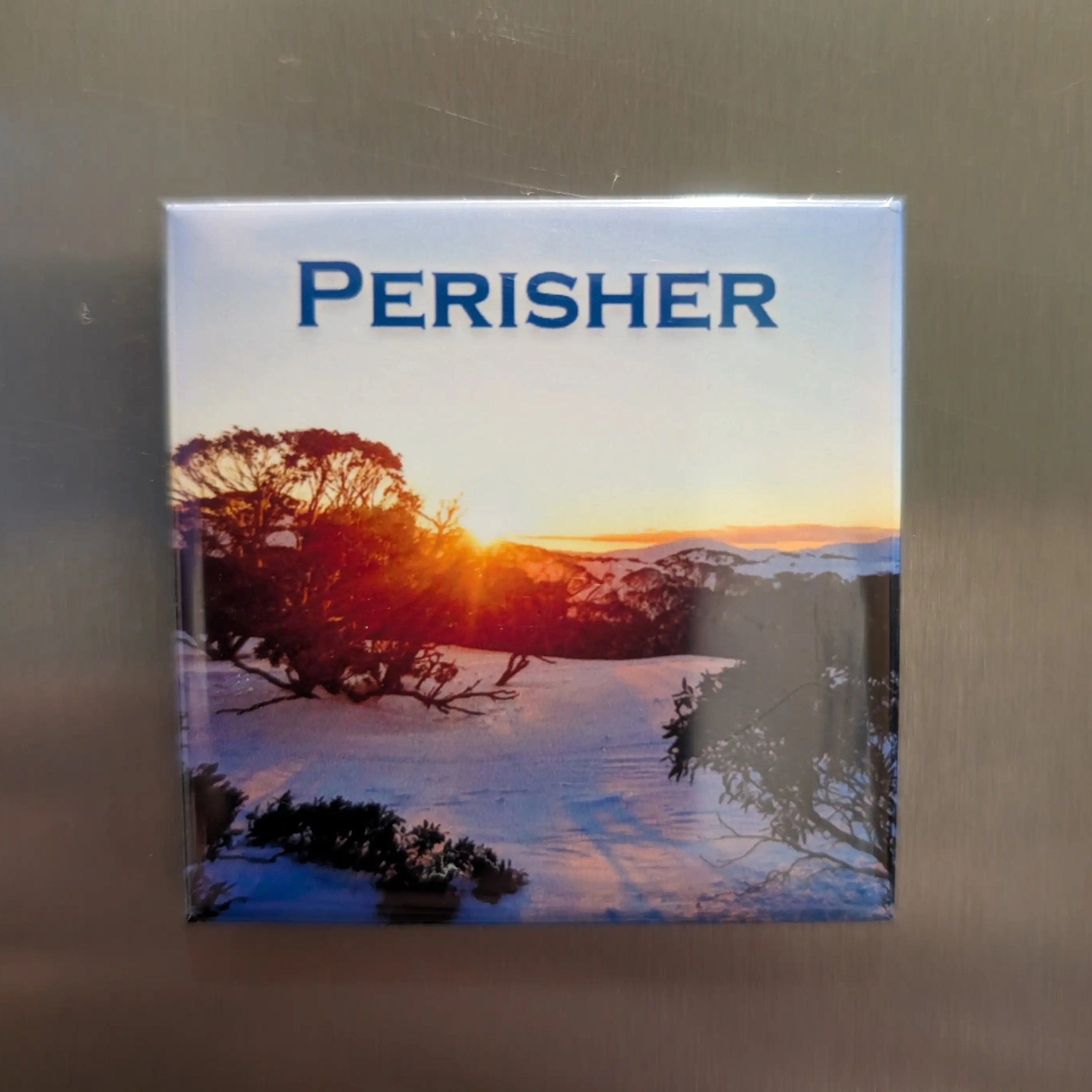 Fridge Magnet 'Perisher' with a sunset over Snow cover on acrylic material