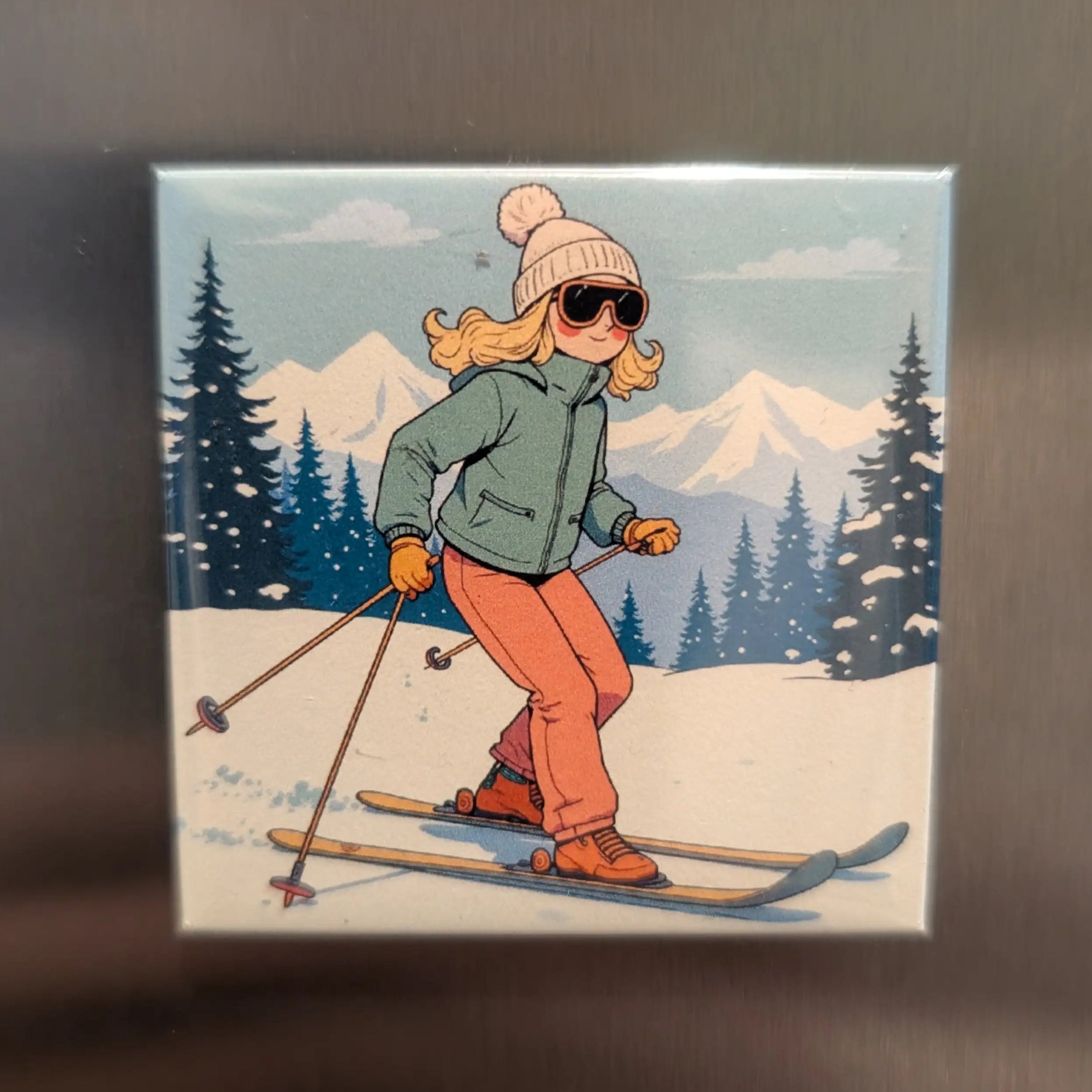 Illustration of a person skiing in a snowy landscape with trees and mountains.