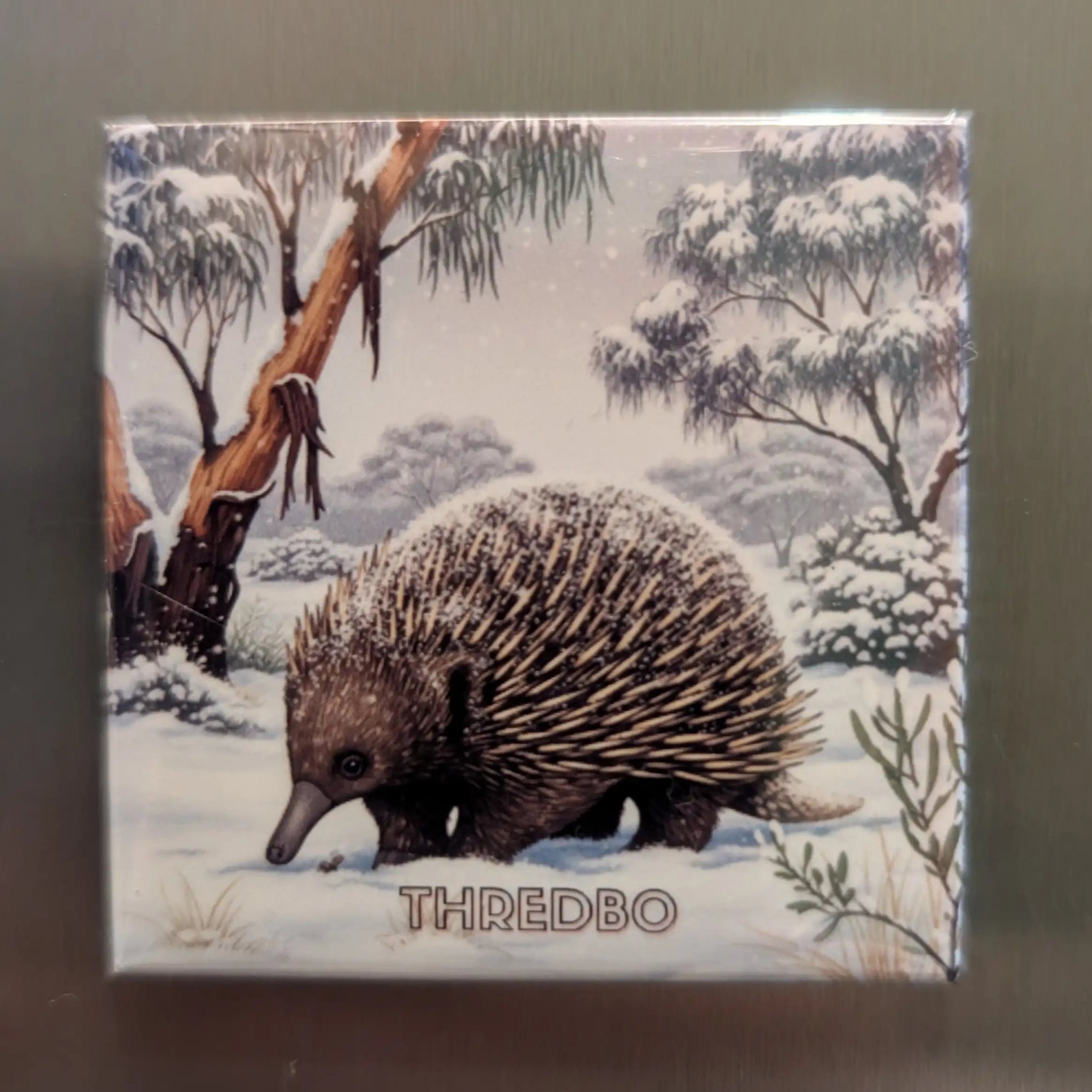 Fridge Magnet with an illustration of an echidna in a snowy landscape, branded 'THREDBO'.