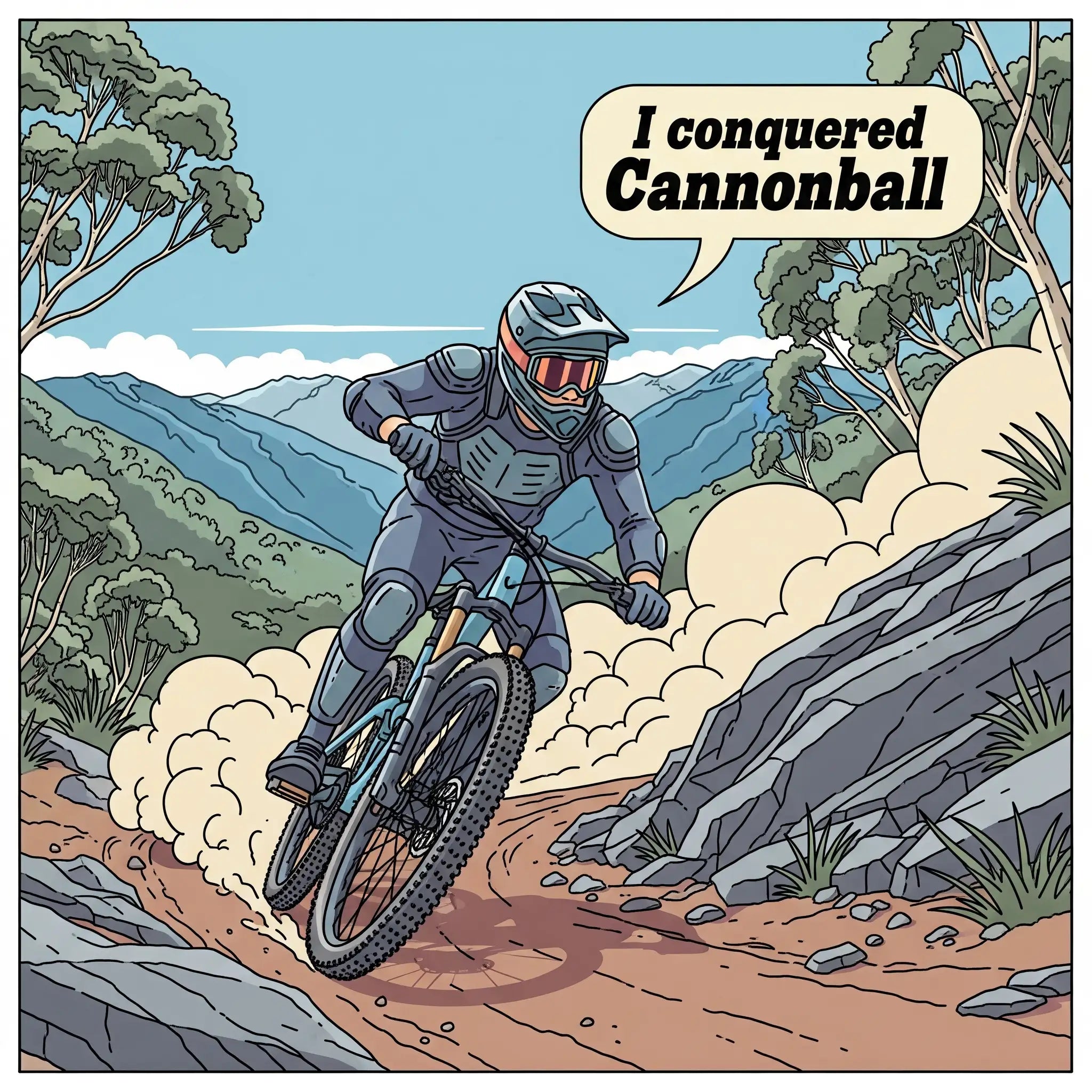 Comic-style illustration of a mountain biker on a trail with a speech bubble saying 'I conquered Cannonball'.