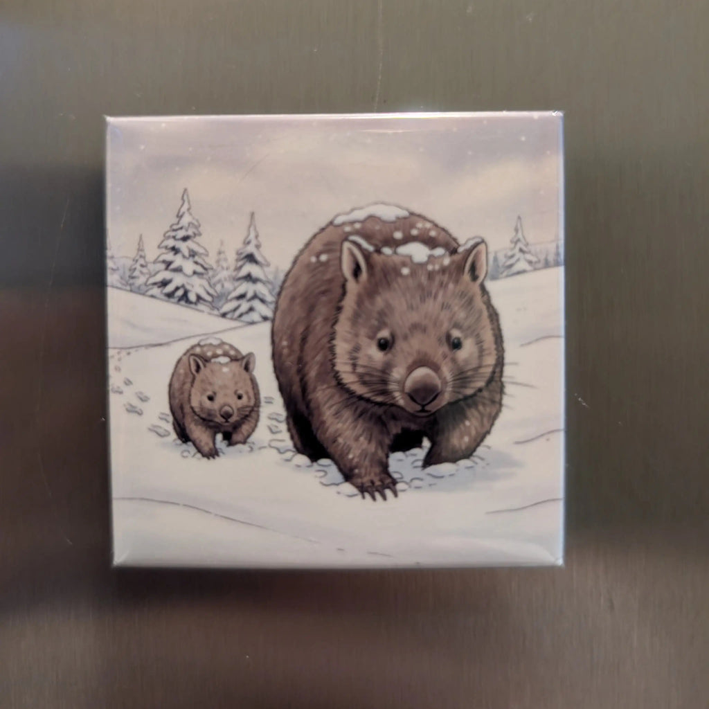Two wombats in a snowy landscape on a square canvas