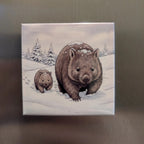 Two wombats in a snowy landscape on a square canvas