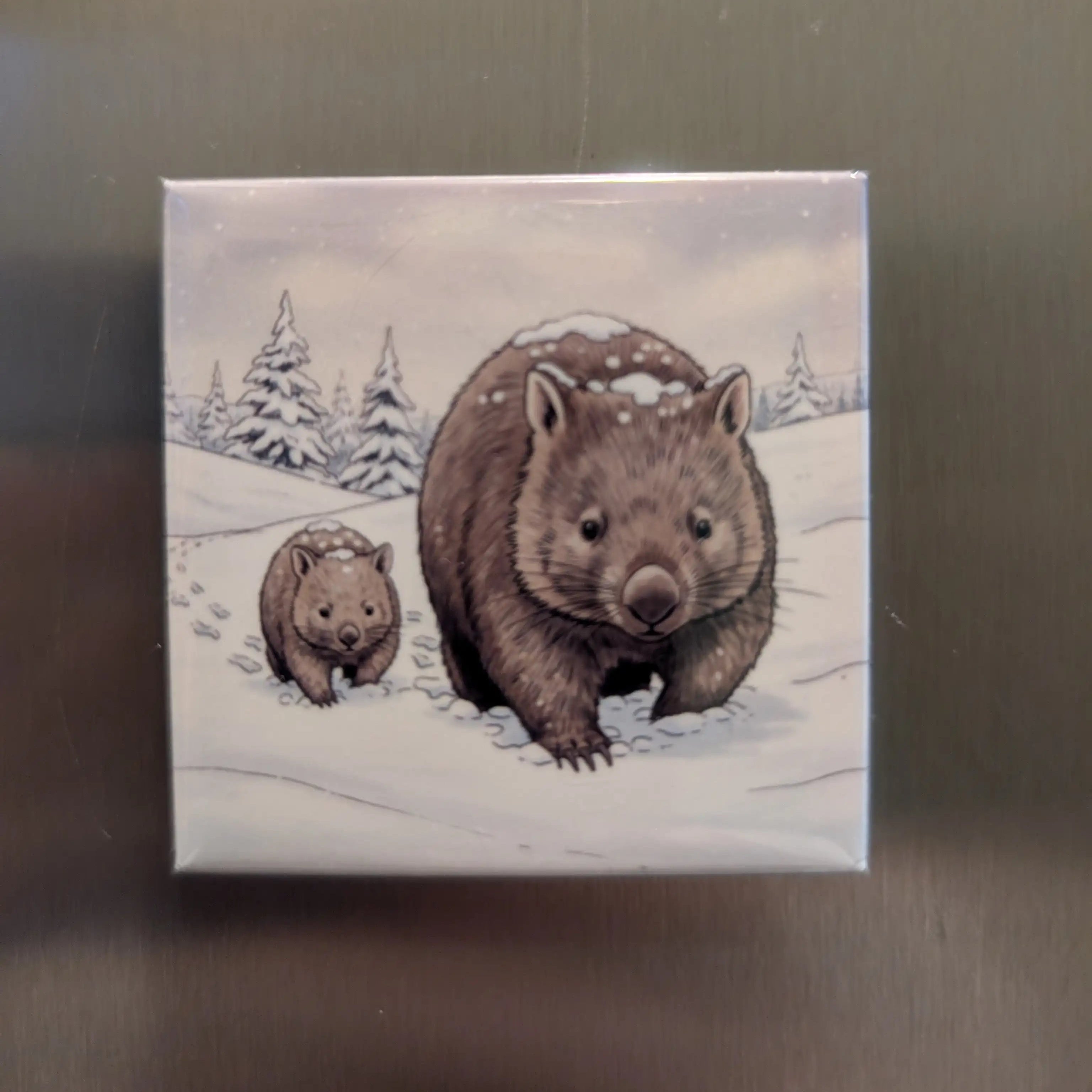Two wombats in a snowy landscape on a square canvas